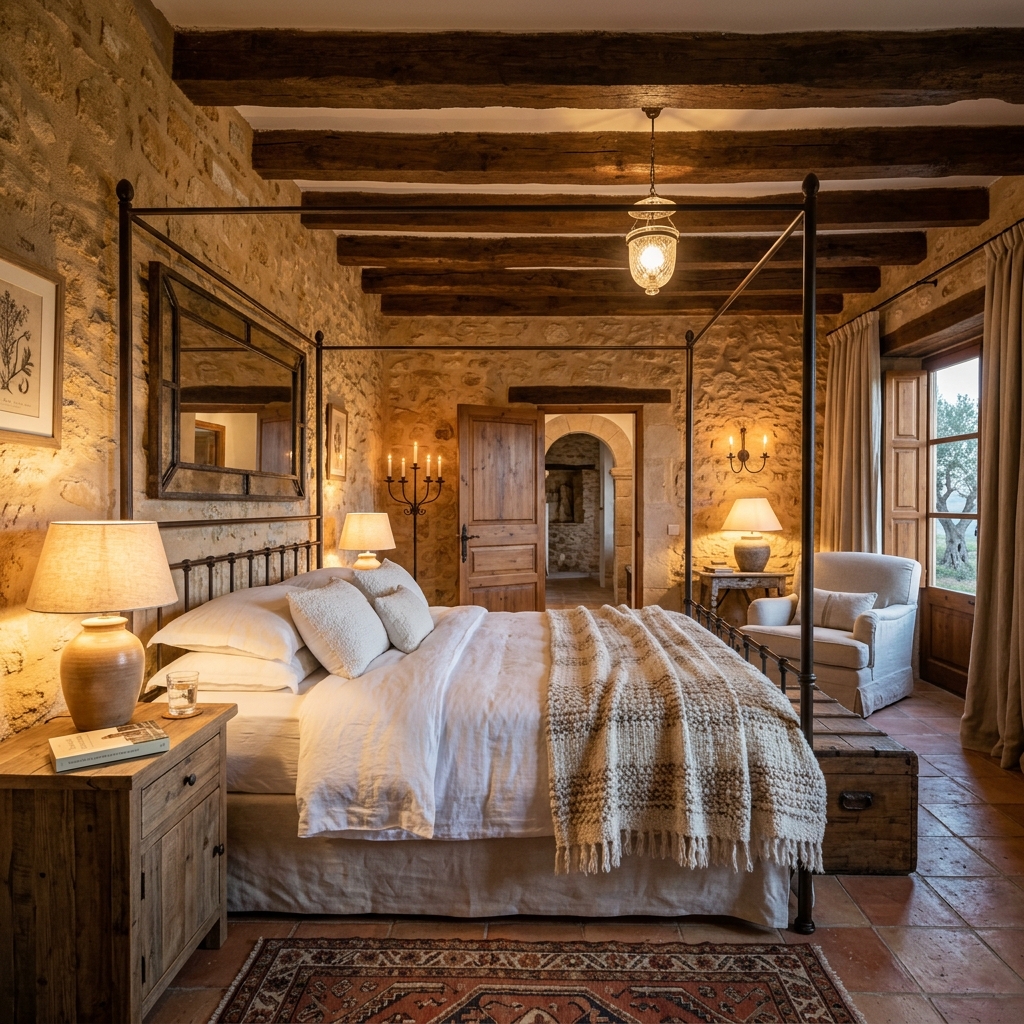 Habitación rústica y minimalista de la casa rural en Portugal
